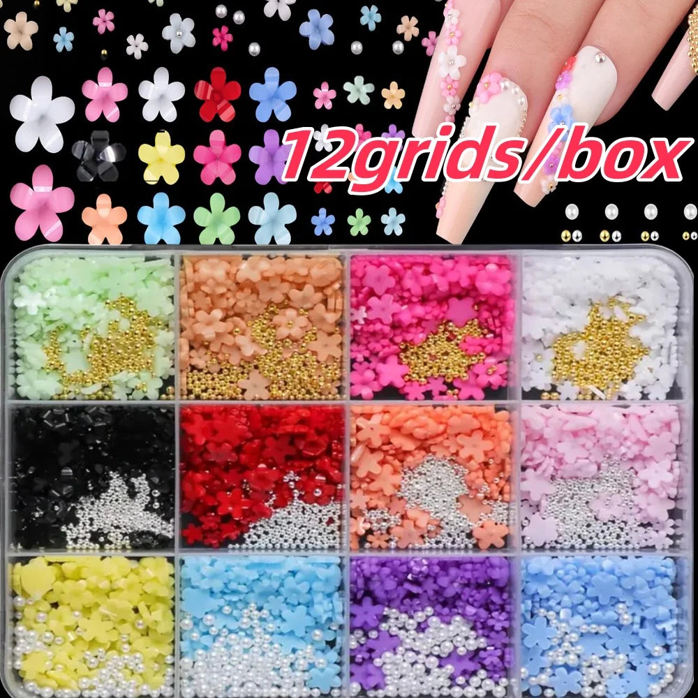 1 Box Pink White Series Bow Heart Nail Charms 3D Arcylic Nail Art Decorations Pearl 5-petal Flower Jewelry Manicure Accessories*