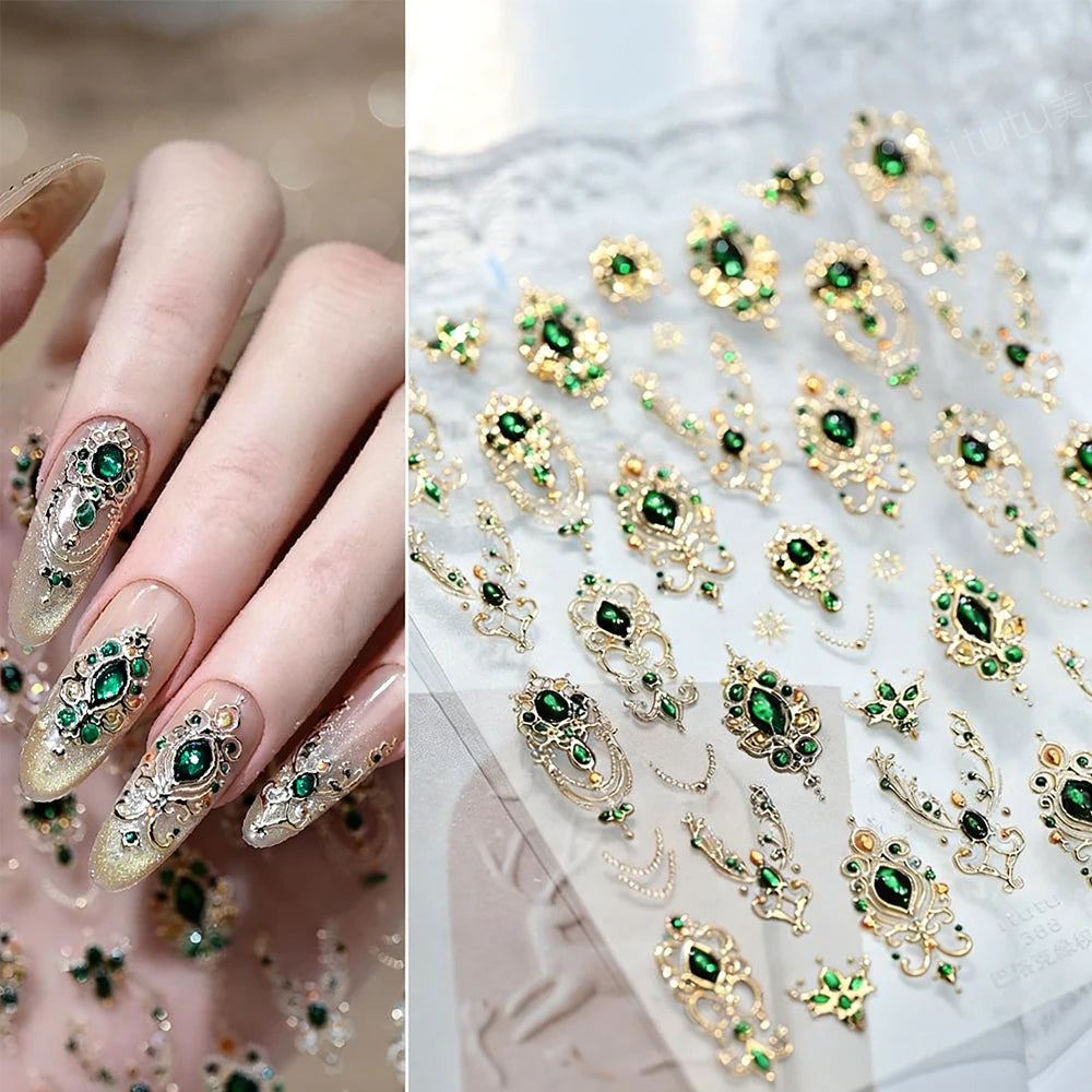 5D Embossed Emerald Gemstones Nail Art Stickers Luxury Golden Frame Baroque Flower Nail Decals Green Rhinestones Nail Supplies