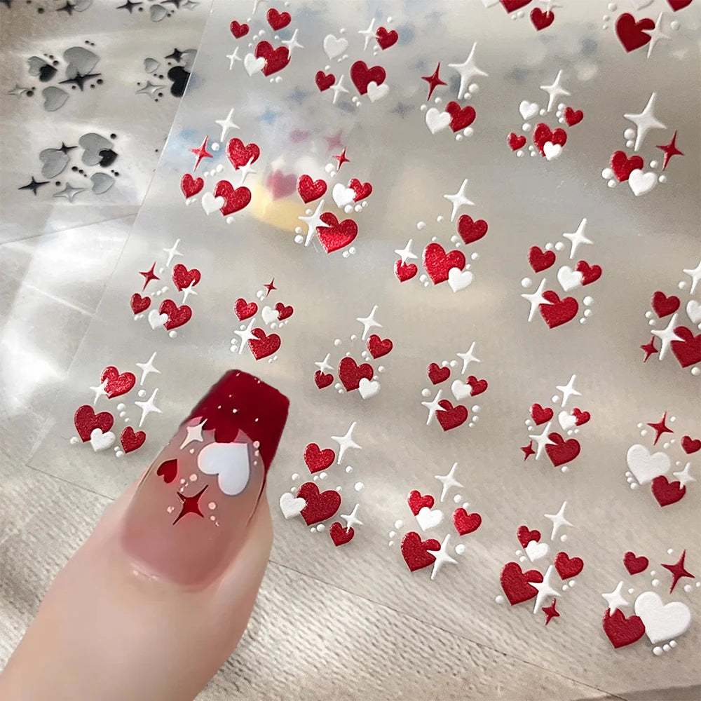 3D Valentine' s Day Love Heart Nail Art Sticker Red White Cross Stars Self-Adhesive Nail Decals 8*10cm Kawaii Heart Nail Sticker