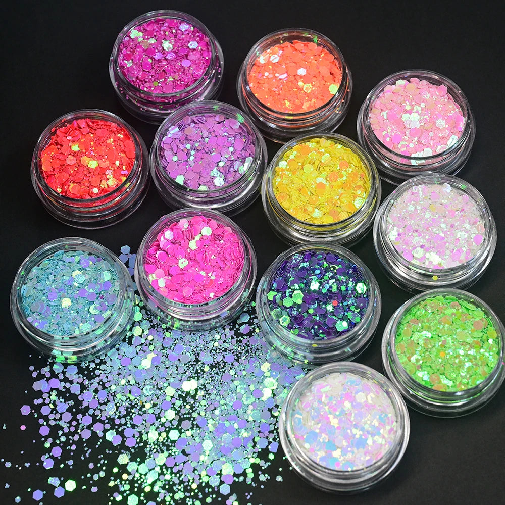 12Pcs Iridescent Nail Art Glitter Sequins Holographic Mix Hexagon Chunky Flakes DIYGel Polish Crafts Manicure Decorations Powder