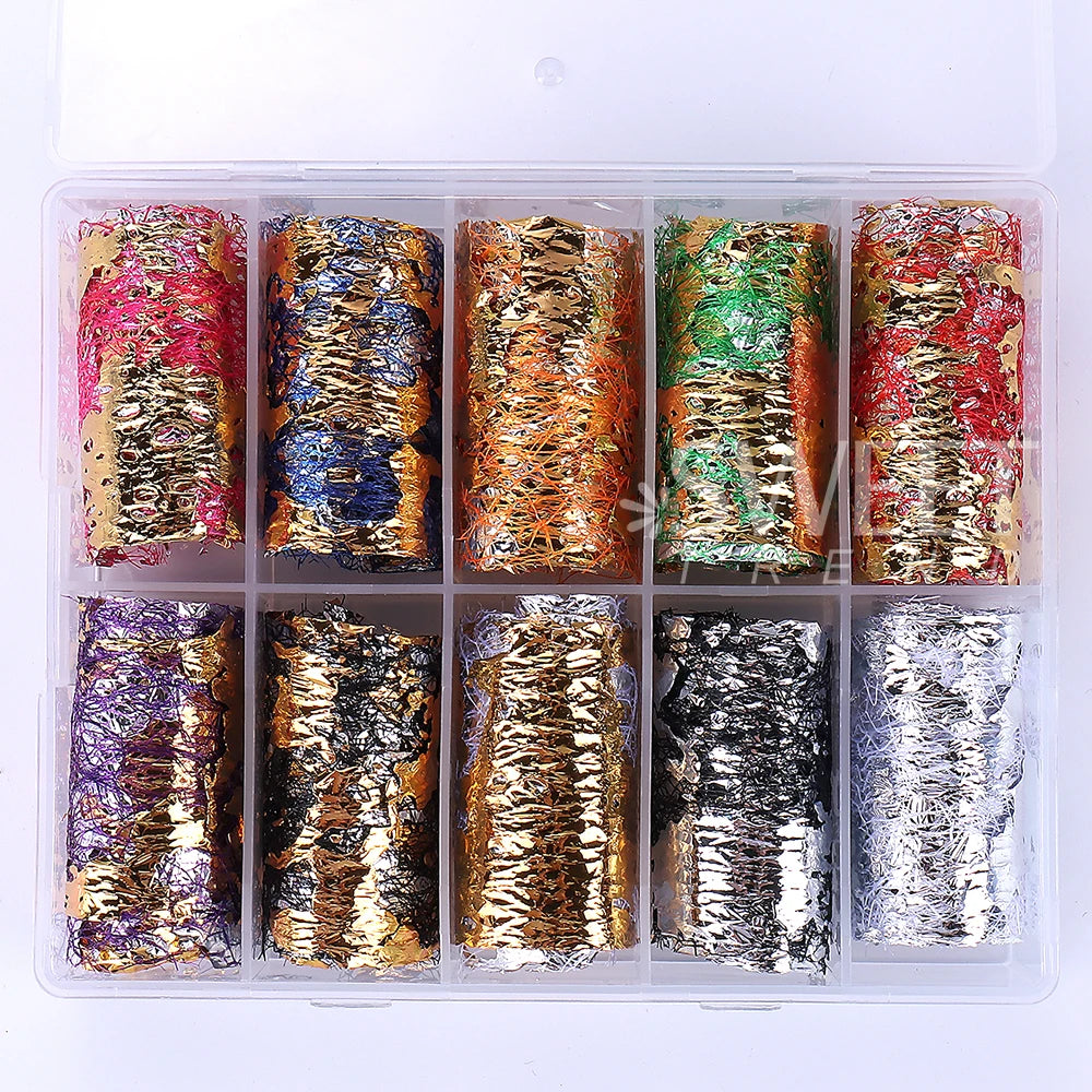 1Box-10pcs Golde Silver Aluminum Nail Foils Paper Nail Art Sticker Decals 3D Mesh Line DIY Design Adhesive Manicure Decorations