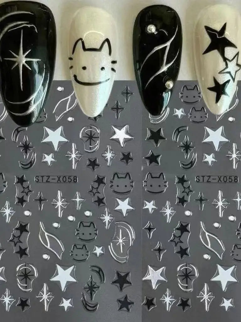 Black Silver Cat Animals Nail Sticker Decals Y2K Charms Cute Dog Cartoon Adhesive Sliders Foils For Manicure Nail Art Decoration