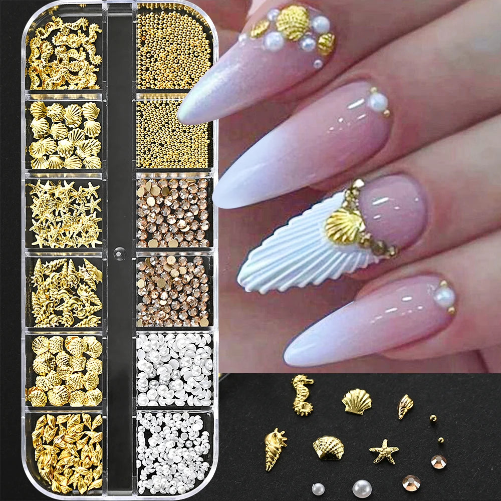 1000Pcs-12grids 3D Gold Silver Star/Cross Nail Rivet Studs Alloy Metallic Starlight Nail Charms Y2K 3d Cross/Star Manicure Rivet