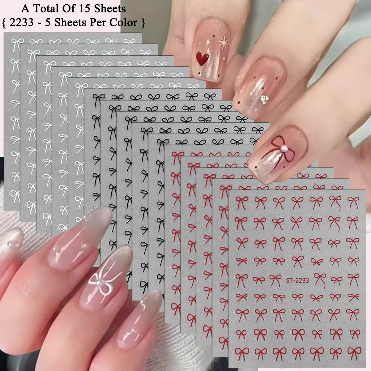 2 to 30 Sheets 3D Bow Nail Art Stickers, Mini Ribbon Outline Decals, Transparent Self-Adhesive Cute Design for DIY Manicure