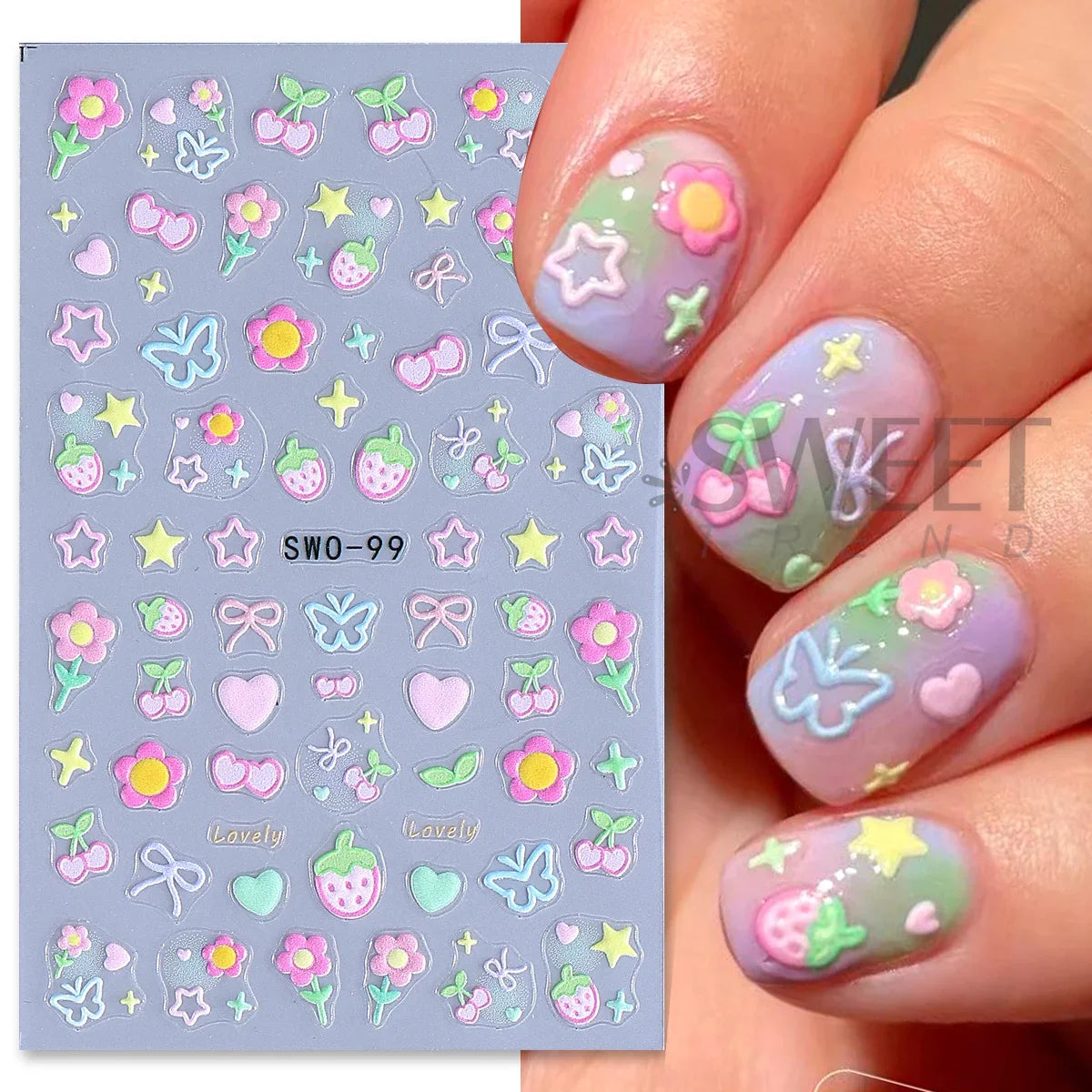 2pcs Sweet Element Nail Art Stickers Simple Flower Heart Cherry Strawberry Kawaii Decals Colorful Bow Butterfly Manicure Sliders