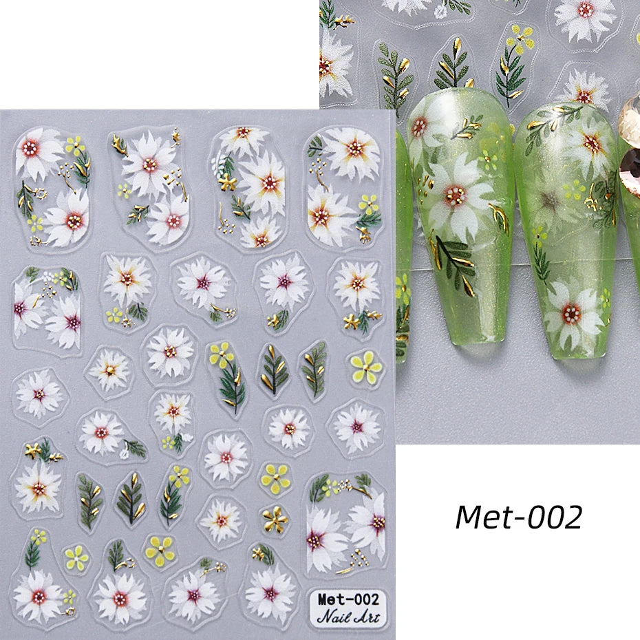 1-2pcs Gold Line Cherry Blossom 3D Nail Art Stickers Spring Peach Flowers Daisy Flowers Gold Leaves Nail Decals For DIY Manicure