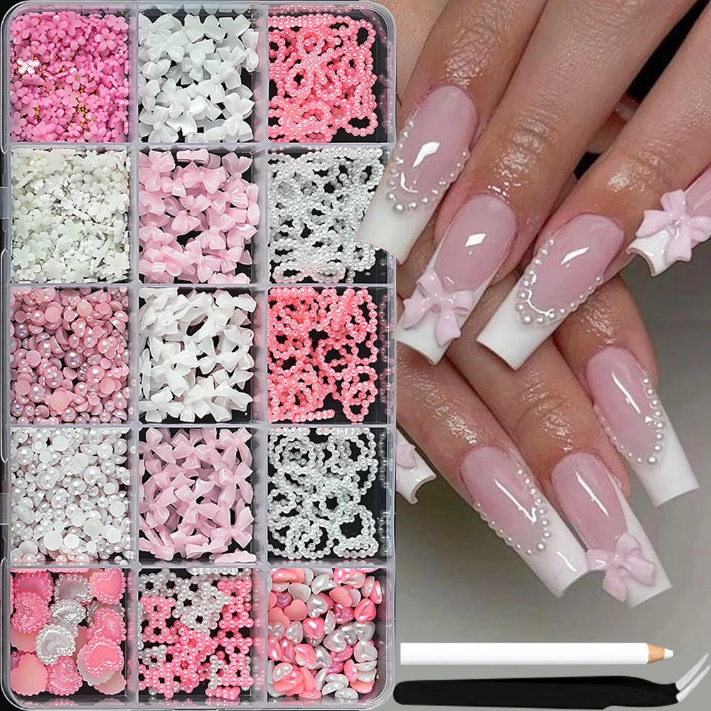 1 Box Pink White Series Bow Heart Nail Charms 3D Arcylic Nail Art Decorations Pearl 5-petal Flower Jewelry Manicure Accessories*