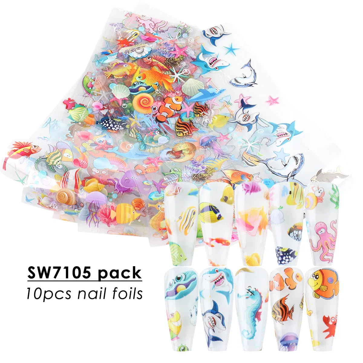 10pcs Adorable Marine Life Nail Transfer Foils Clownfish Starfish Conch Starry Sky Paper Summer Ocean Sliders Manicure Tattoos