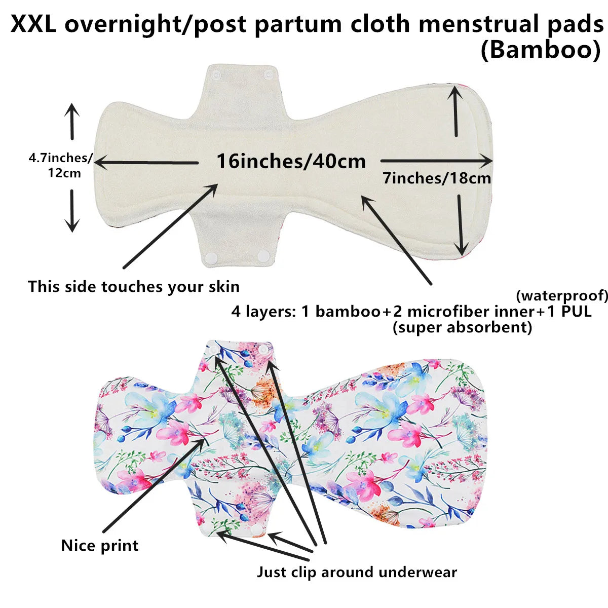 [Sigzagor] XXL Cloth Menstrual Pad Sanitary Bamboo Reusable Overnight Post Partum Reusable Washable 16in