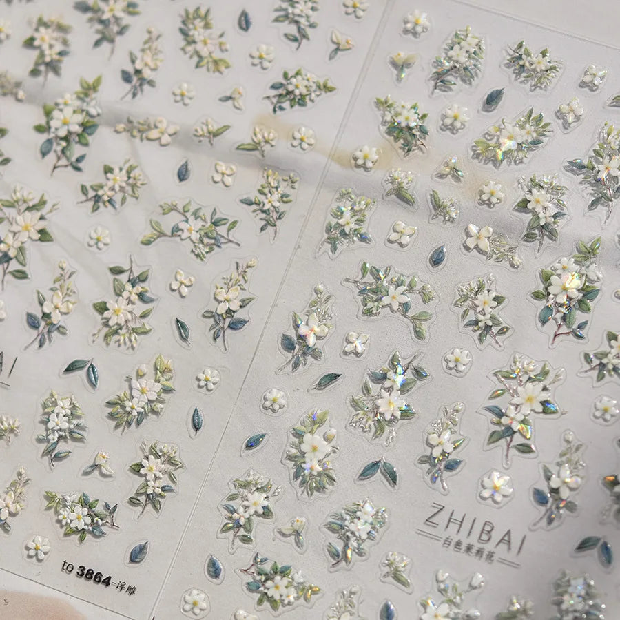 1pcs 5D Glitter Jasmine Flower Nail Stickers Kawaii Embossed Flower Self-Adhesive Nail Art Decorations Decal Manicure Tools DIY