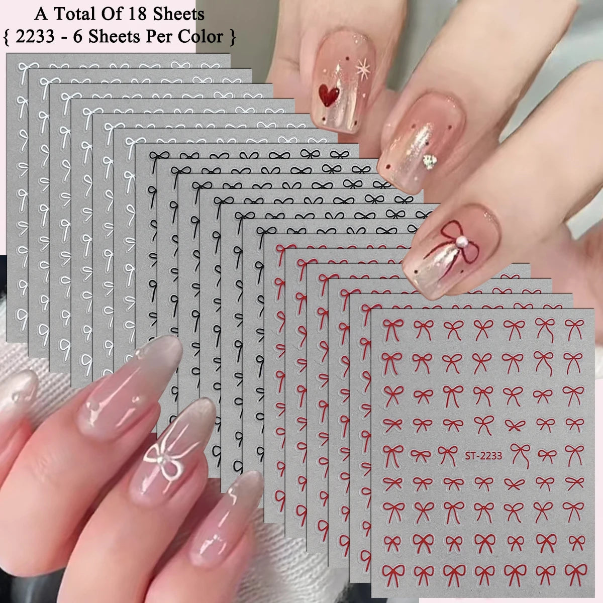 2 to 30 Sheets 3D Bow Nail Art Stickers, Mini Ribbon Outline Decals, Transparent Self-Adhesive Cute Design for DIY Manicure