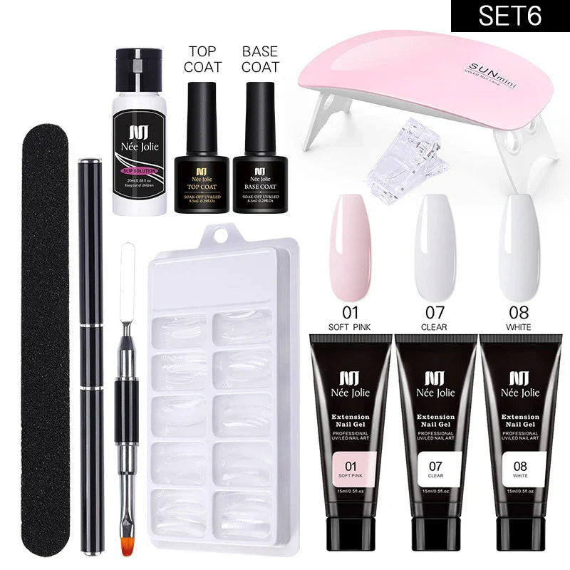 Poly Nail Gel Kit with 6W LED Lamp, All-In-One Set for Manicure, Semi-Permanent Extension Gel and Acrylic French Nails with Tool
