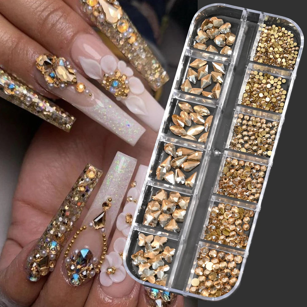 12Grids Pink Mixed Nail Rhinestones Luxury Nail Charms Glitter Crystal Jewelry Gems Nail Art Decoration DIY Manicure Rhinestones