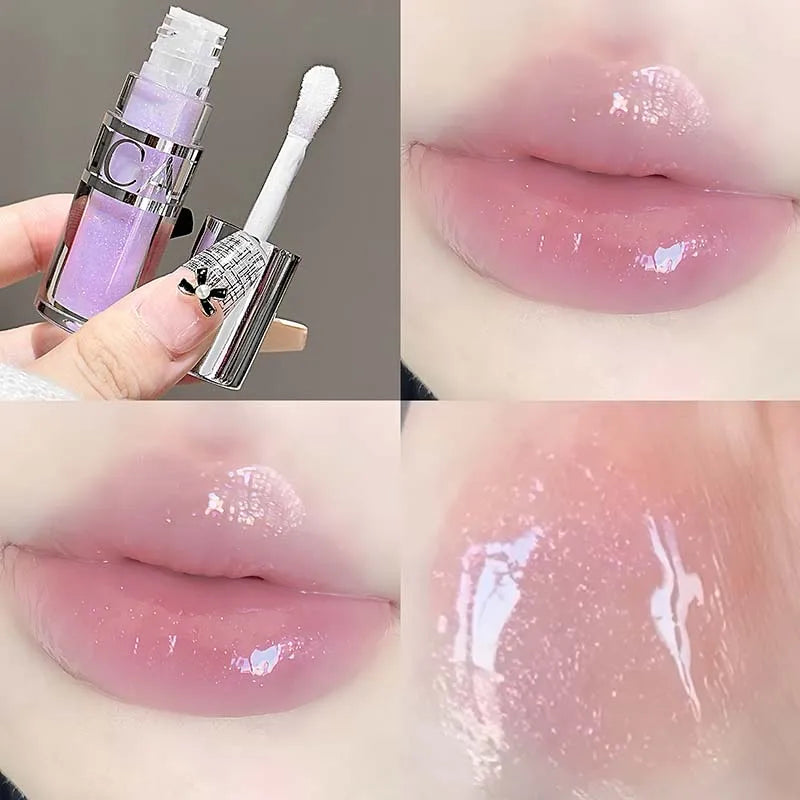 Mirror-like, moisturizing glass lip gloss with long-lasting, clear, plumping, and lip line-reducing properties. Lip gloss.
