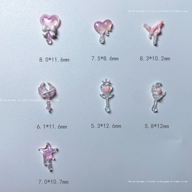 20pcs Cute Magic Wand Nail Art Accessories 3D Resin Nail Charms Pink Luminous Heart-shaped Bow Scepter Nail Art Decoration Parts