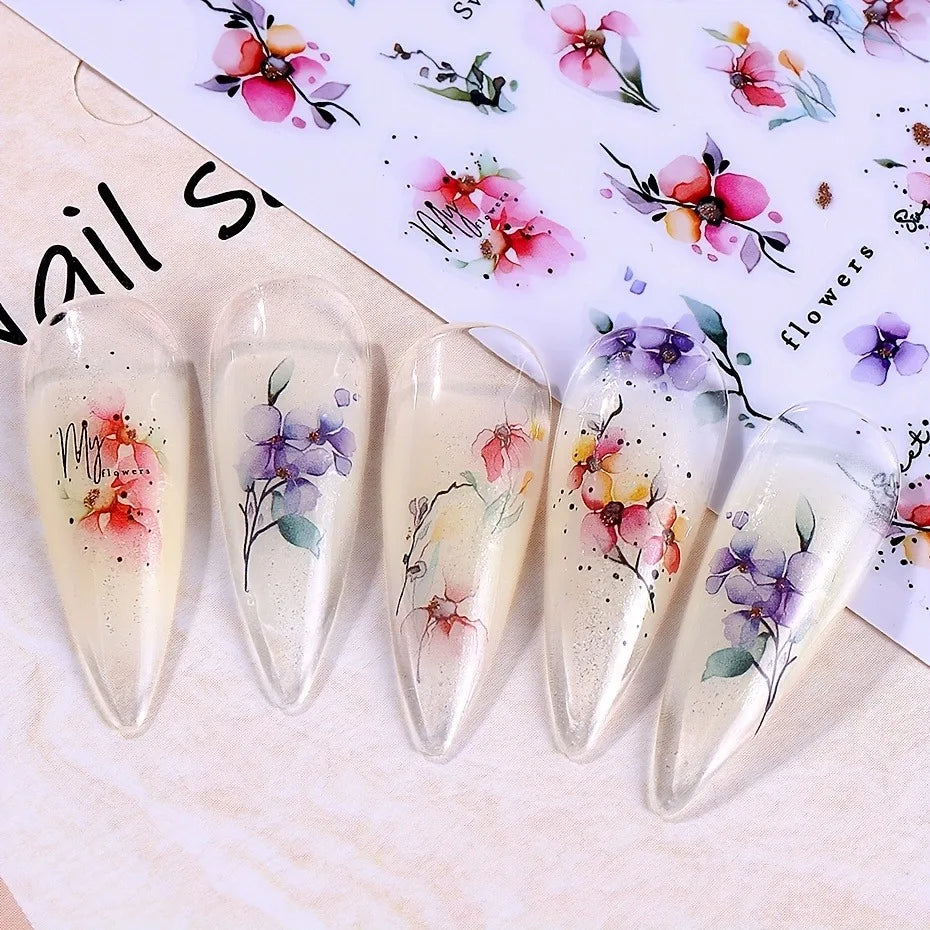 Spring and summer gradient ink flower nail stickers, used for DIY nail decoration in daily life, festivals, parties, and wedding