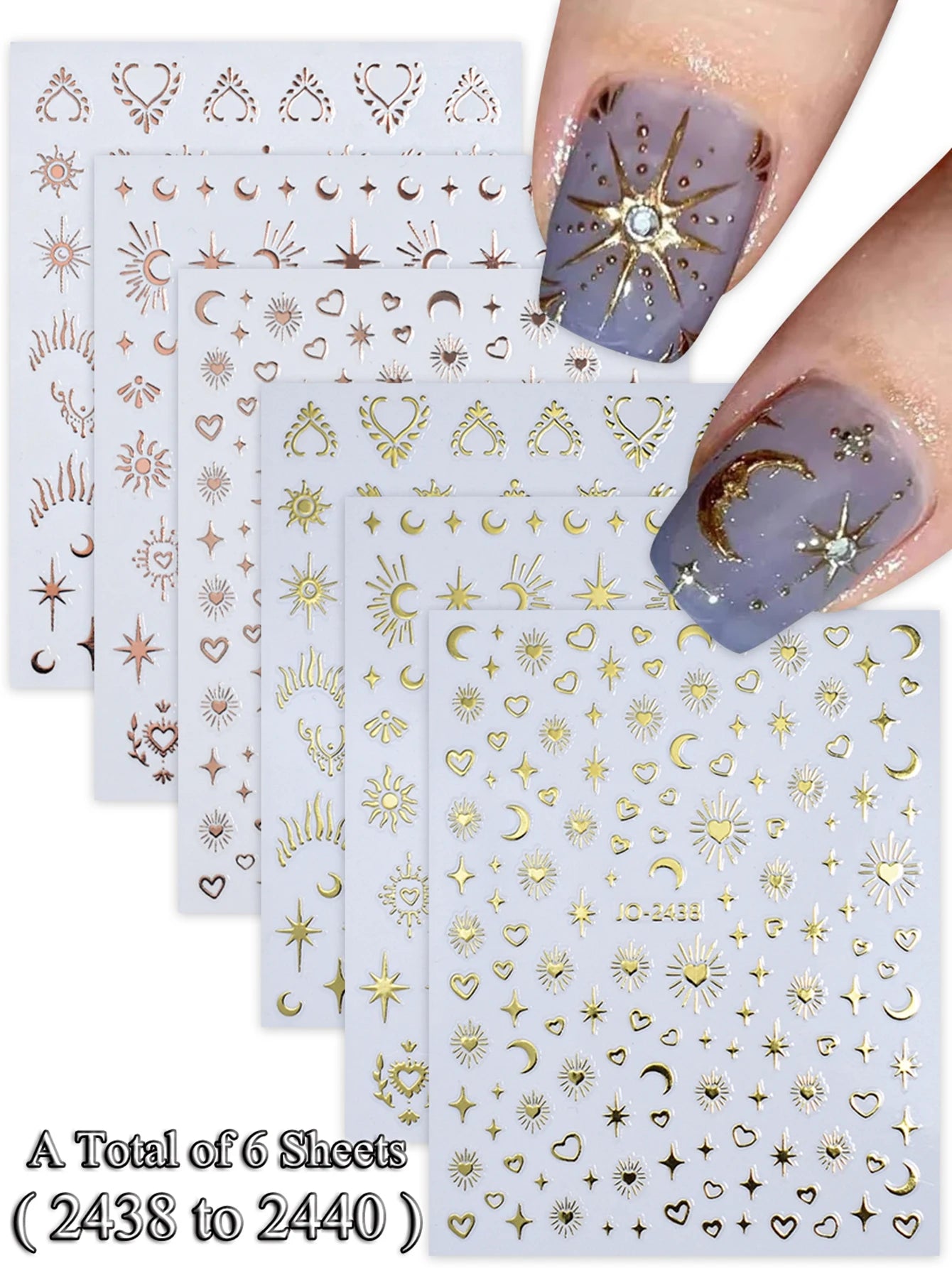 6/12 Sheets Gold & Silver Star, Moon & Heart Nail Stickers, Self-Adhesive 3D Nail Art Decals for DIY Manicure Decoration