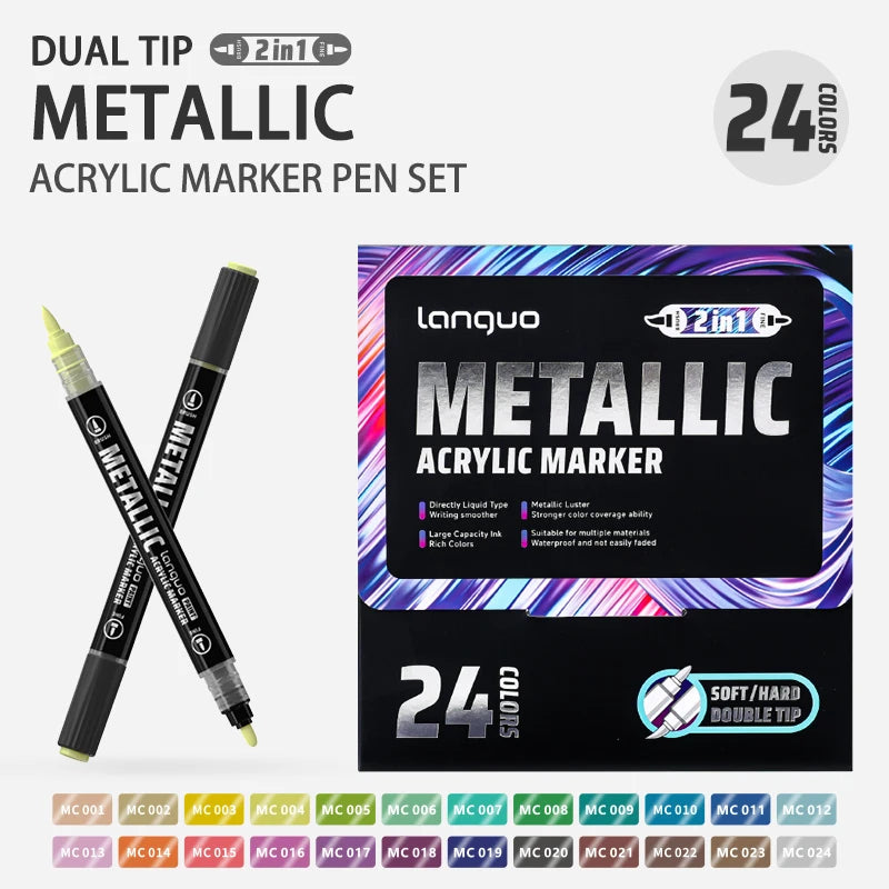 Languo 12/24/48 Colors Dual Tip Metallic Acrylic Marker Pen Set Student DIY Graffiti Hand Drawn Paint Pens Stationery M750