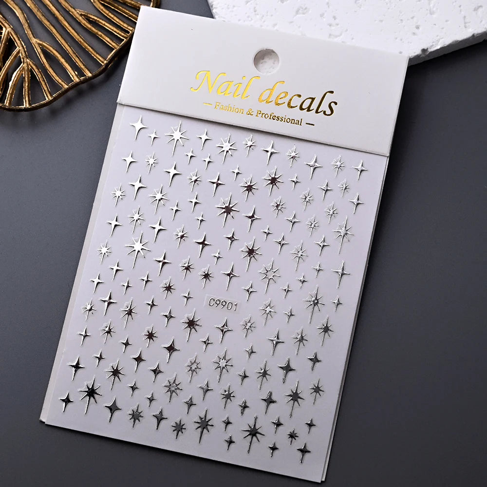 1pcs 3D Bronzing Gold Love Heart Nail Art Stickers Y2K Holographic Stars Sun Starlight DIY Nail Decals Heart Manicure Decoration