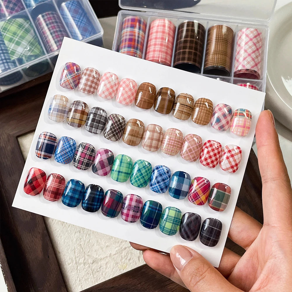 Kaniu 10Rolls Artistic Plaid Nail Transfer Foils Sweet Bohemian Nail Stickers Metallic Decals Manicure Design Fashion Nail Art