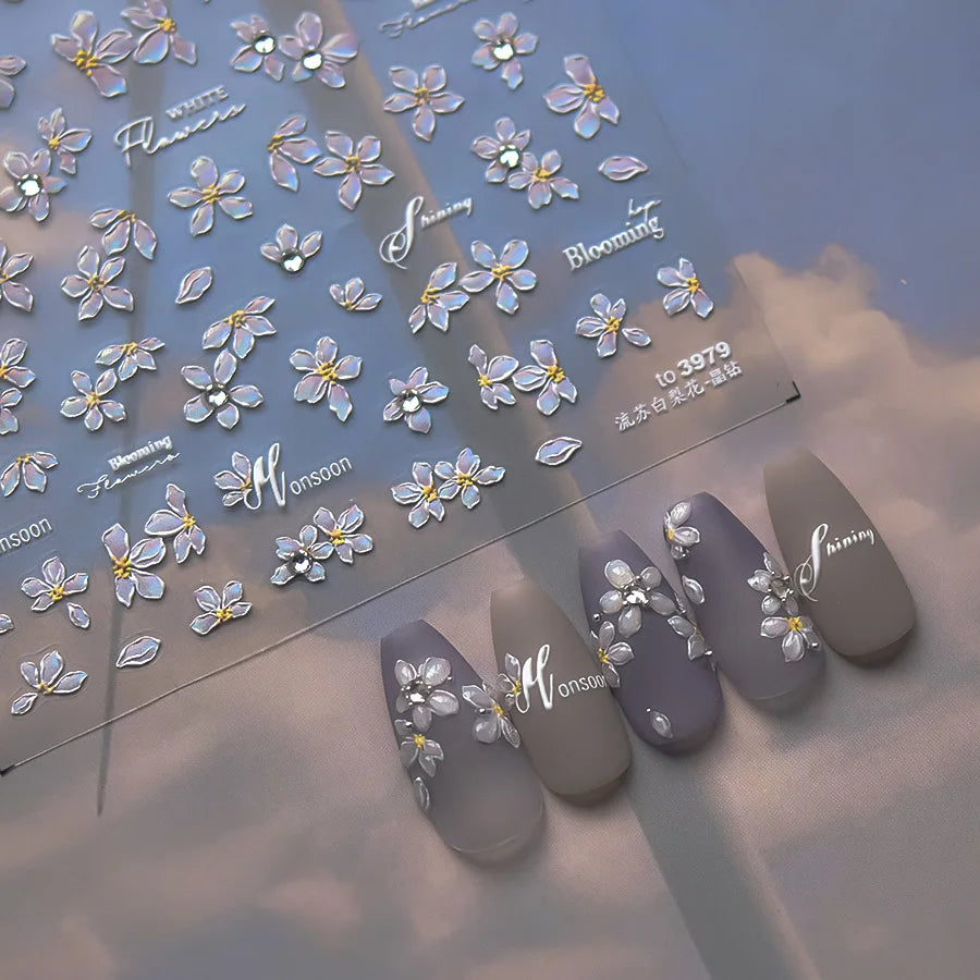 Elegant Flowers Nail Art Stickers 5D Crystal Diamond Nails Decorations Stickers Tassel White Pear Blossom DlY Autumn Nail Decals