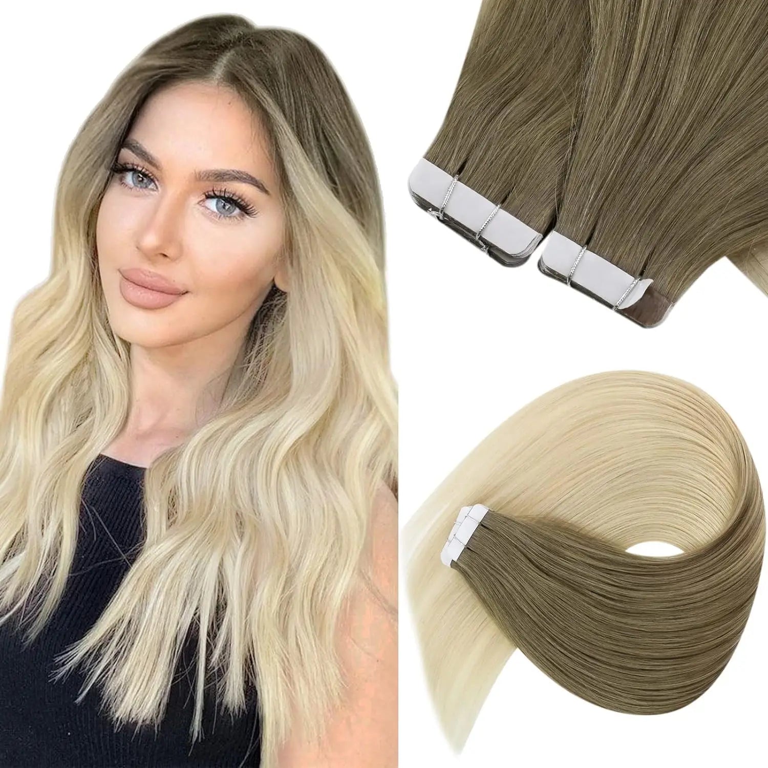 [NEW]VeSunny Tape In Hair Extensions Human Hair Real Natural Hair Balayage Color #4-14-60 Skin Weft Straight Seamless Hair