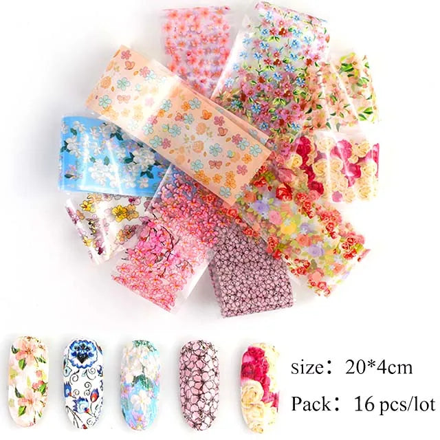 10pcs Holographic Nail Foil Slider Mix Flower Designs Set Transfer Nails Stickers Floral Prints Manicure Decal Art Decoration