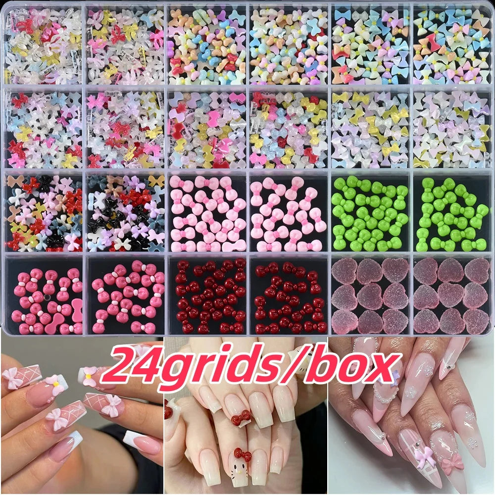 1 Box Pink White Series Bow Heart Nail Charms 3D Arcylic Nail Art Decorations Pearl 5-petal Flower Jewelry Manicure Accessories*