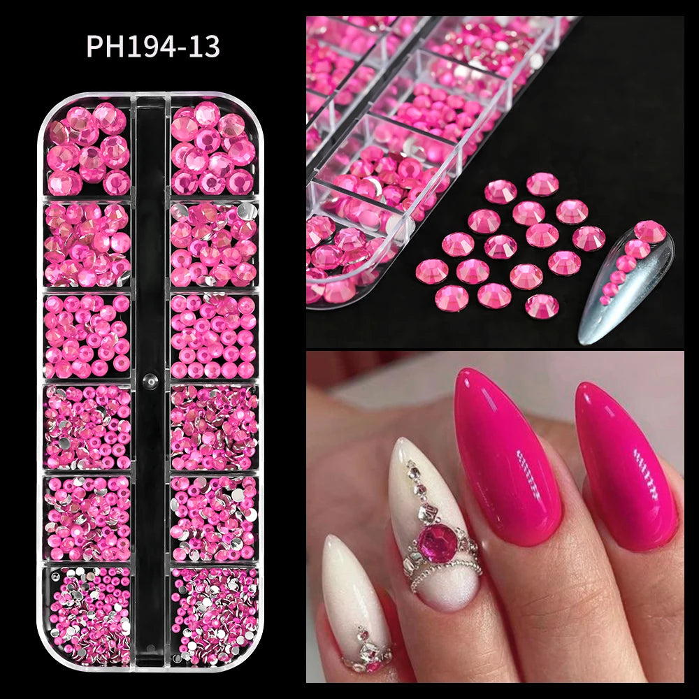 12Grids Pink Mixed Nail Rhinestones Luxury Nail Charms Glitter Crystal Jewelry Gems Nail Art Decoration DIY Manicure Rhinestones