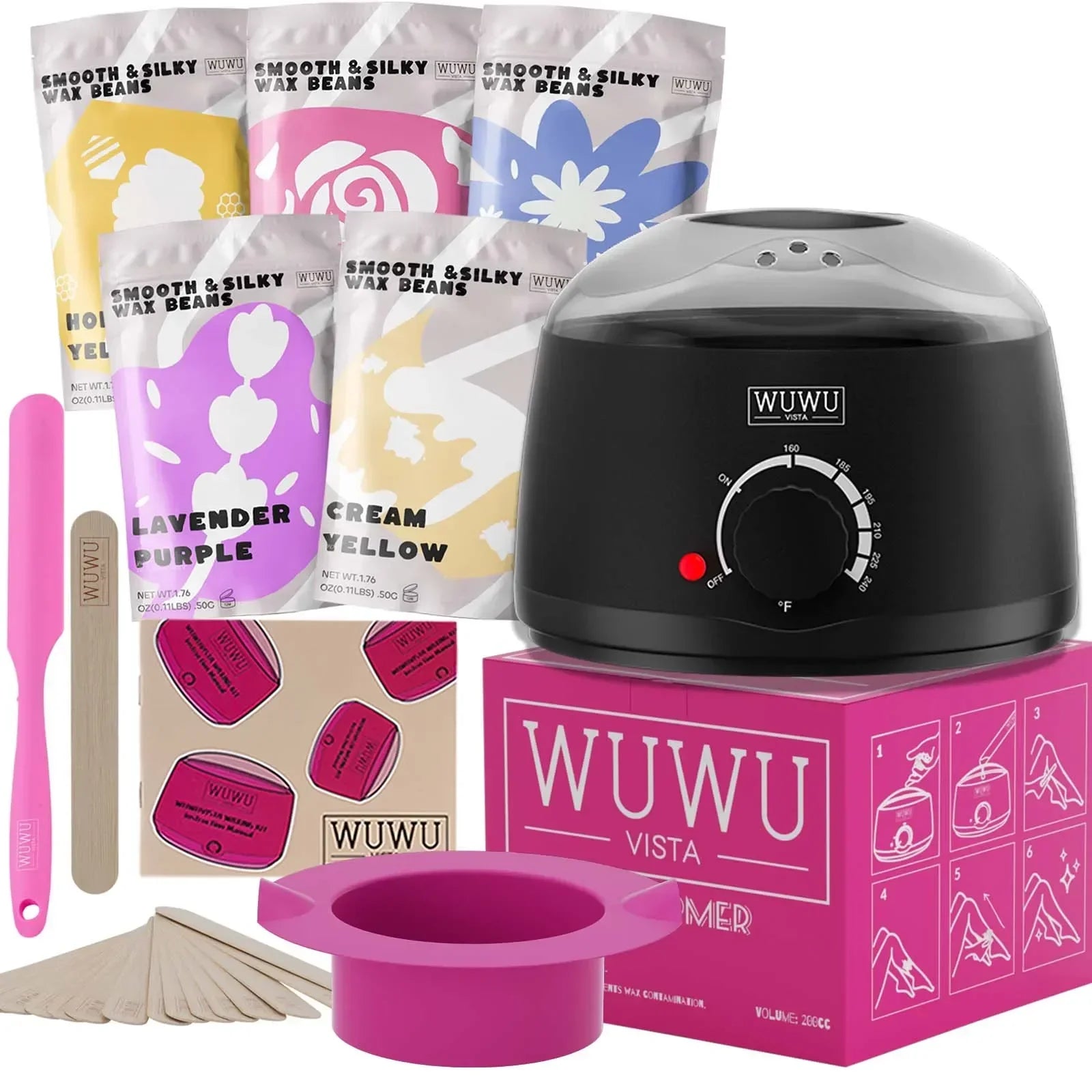 Waxing Kit EU Plug(19 items) WUWUVISTA Hair Removal Wax Kit Wax Melt Warmer Waxing Beads Face/Brazilian/Full Body/Bikini