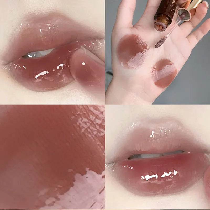 Retro Clear Lip Glaze Gloss Mirror Glitter Non Stick Cup Brighten Jelly Dark Lipstick Red Brown Dupes Lip Ink Tint Korean Makeup