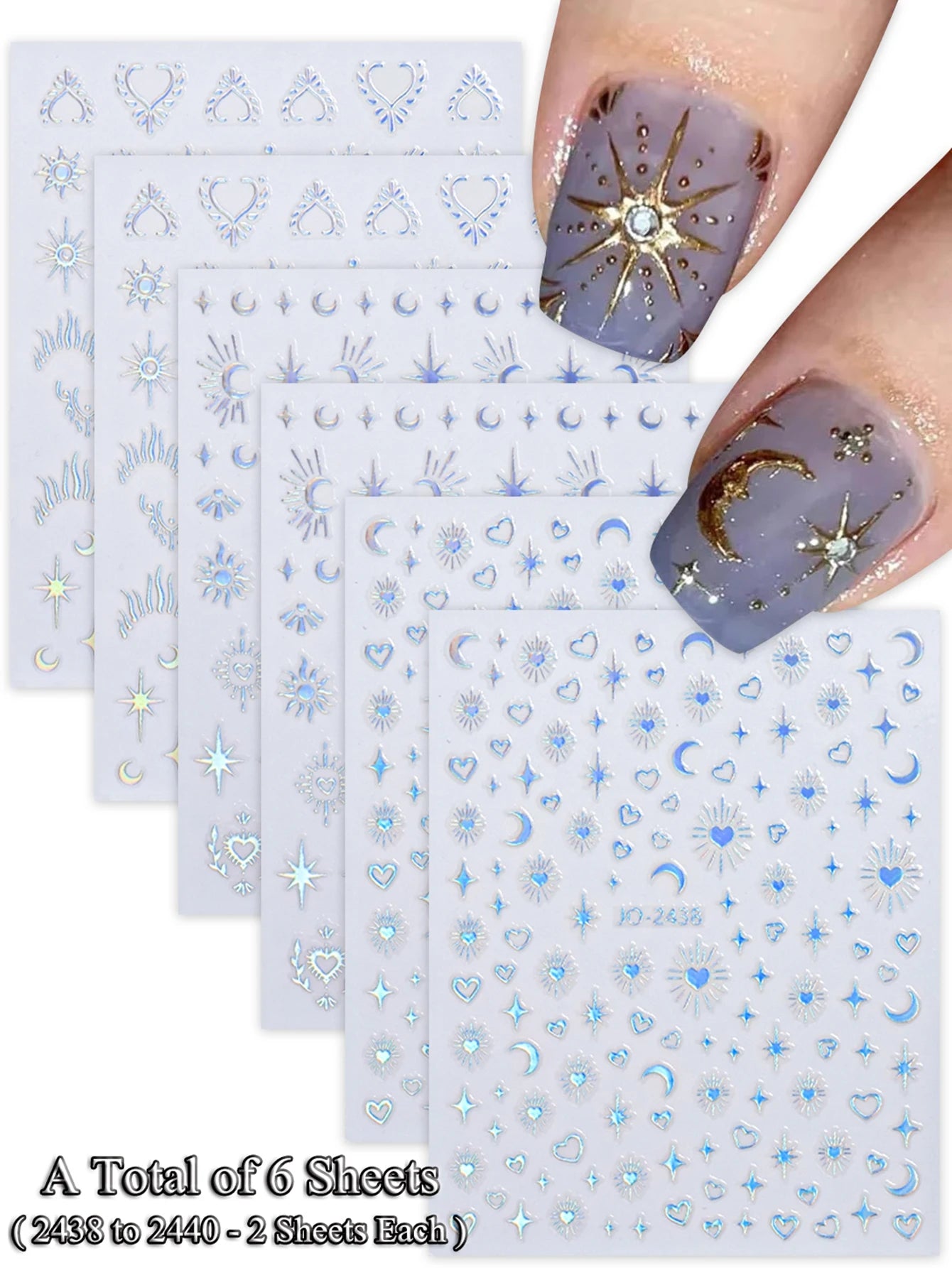 6/12 Sheets Gold & Silver Star, Moon & Heart Nail Stickers, Self-Adhesive 3D Nail Art Decals for DIY Manicure Decoration