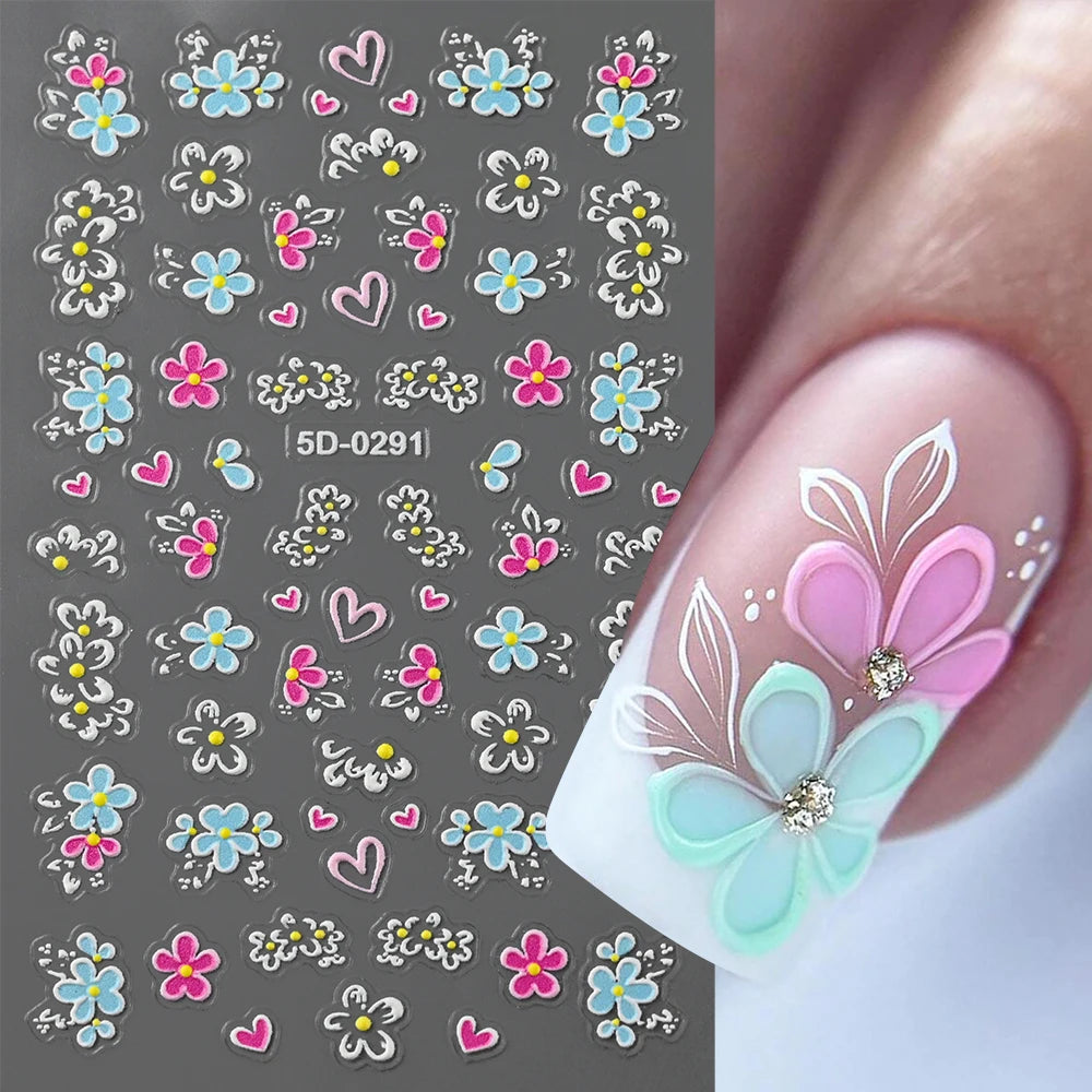 5D Pink Blue Floral Nail Art Stickers Petals Leaf Plant Embossed Nail Decals Spring Summer Flower Design for DIY Nail Supplies