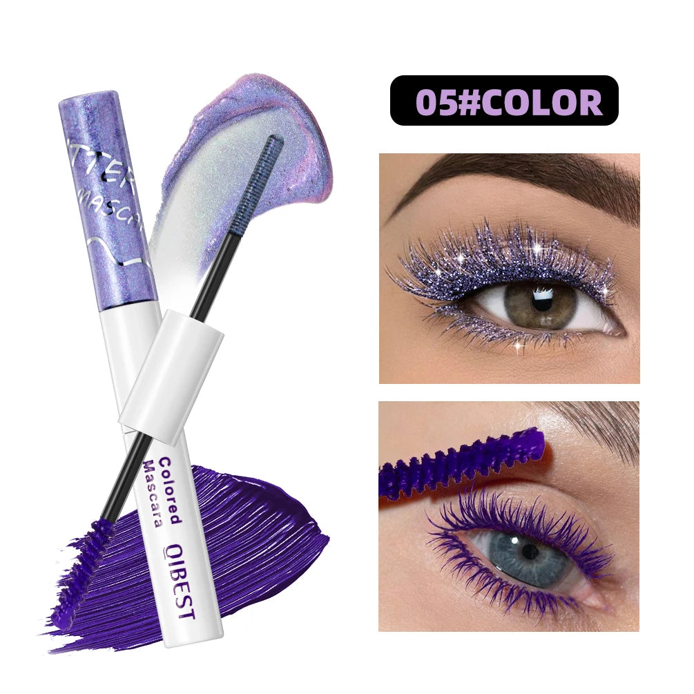 QIBEST Double Headed Diamond Glitter Mascara Long Lasting Colored Mascara Eyelashes Pink Blue Red Voluminous Waterproof Mascara