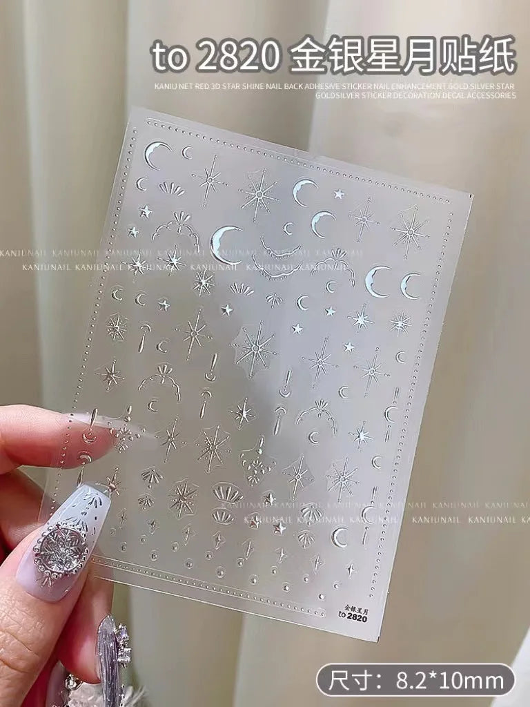 3D Gold Silver Star Nail Art Stickers Black White Crescent Moon Decals Self Adhesive Slider Polish Stickers Manicure Decoration