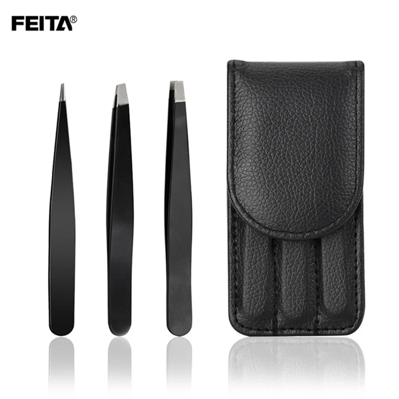FEITA Professional Eyebrow Tweezers Beauty Fine Hairs Puller Stainless Steel Slanted Brow Clips Removal Makeup Tools for Woman