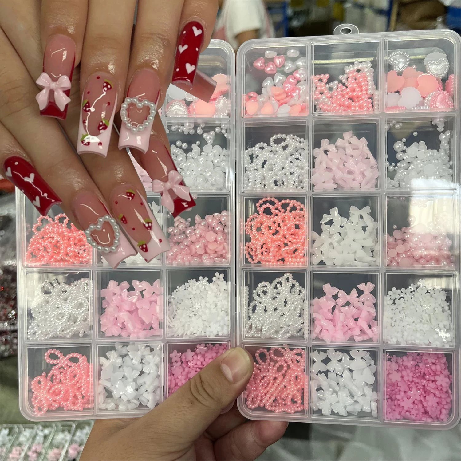 1 Box Pink White Series Bow Heart Nail Charms 3D Arcylic Nail Art Decorations Pearl 5-petal Flower Jewelry Manicure Accessories*