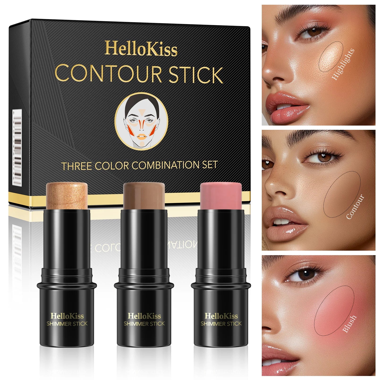 1 Set of 3 Contour Sticks, Highlighter Stick, Blush Stick, 3-Piece Cream Contour Set Including Contour Brush, Creates Facial Contours, Non-Greasy