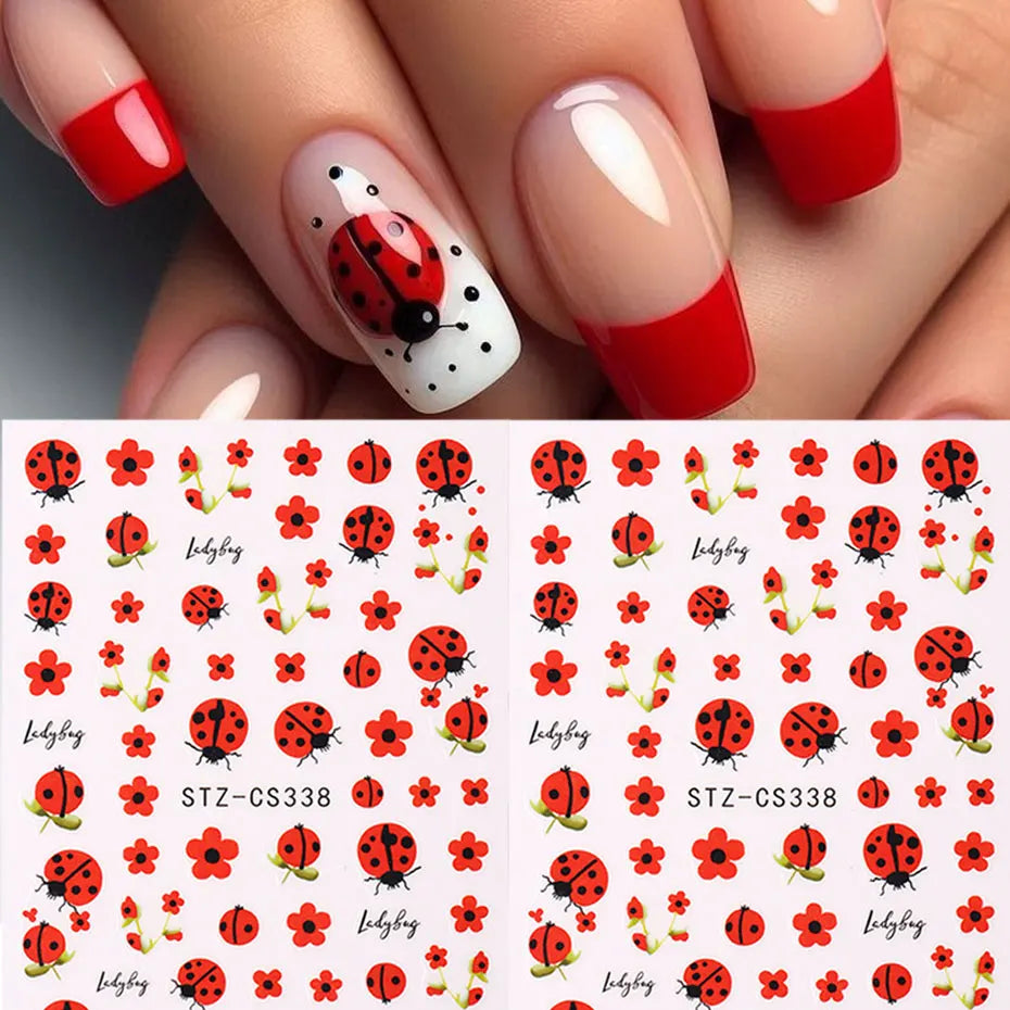 2pcs 3D Cartoon Ladybug Nail Stickers Cute Insect Red Petals Self-Adhesive Manicure Decal Lovely Flower Charms Foils Decor Nails
