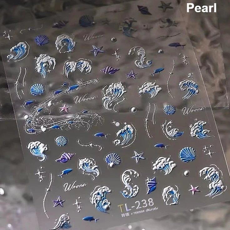 Sea Wave Jellyfish Starfish Conch Shell Dolphin Pearl Summer Beach Goldfish Water Bubble Mermaid Koi INS Nail Art Stickers Decal