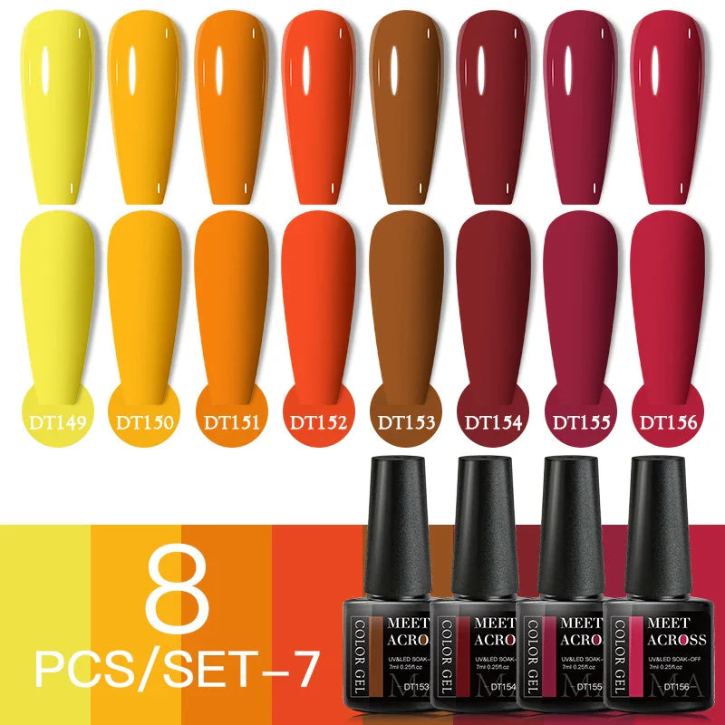 MEET ACROSS 8Pcs/Set Glitter Red Pink Orange Gel Nail Polish Semi Permanent Soak Off UV Gel Varnish Nail Art Manicure Kit