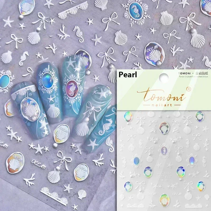 Sea Wave Jellyfish Starfish Conch Shell Dolphin Pearl Summer Beach Goldfish Water Bubble Mermaid Koi INS Nail Art Stickers Decal