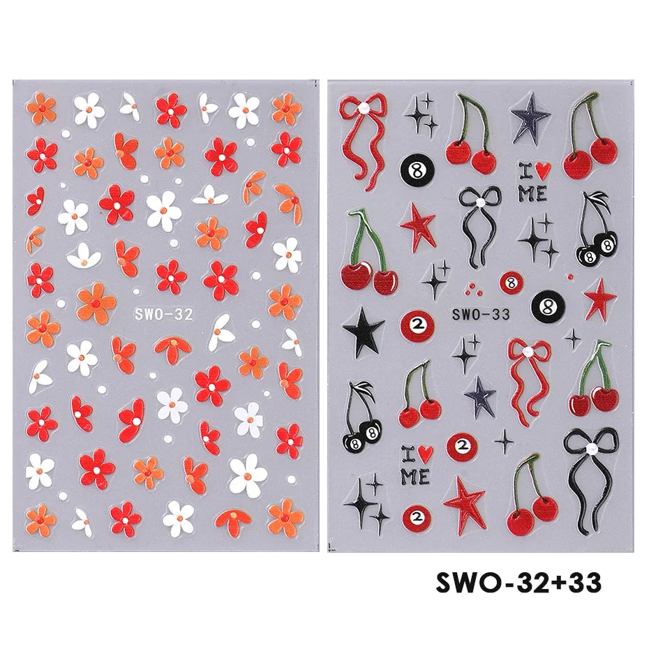 2pcs Sweet Element Nail Art Stickers Simple Flower Heart Cherry Strawberry Kawaii Decals Colorful Bow Butterfly Manicure Sliders