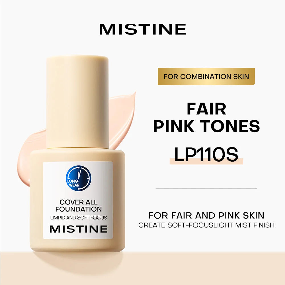Mistine Foundation Full Coverage Makeup for 36H Longwear Waterproof Lightweight Liquid Foundation for Combination Skin