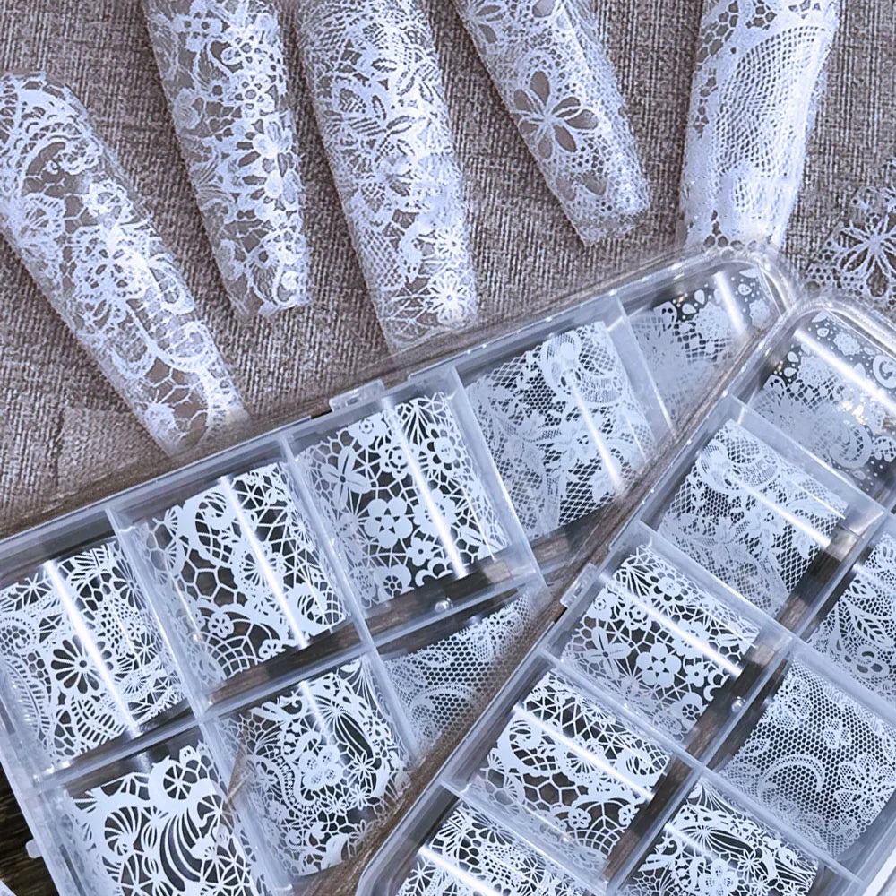 10Rolls/box White&Black Sexy Lace Flowers Nail Art Foils 4x25cm Lace Transfer Foils Starry Sky Paper DIY Women Lace Slider&*&