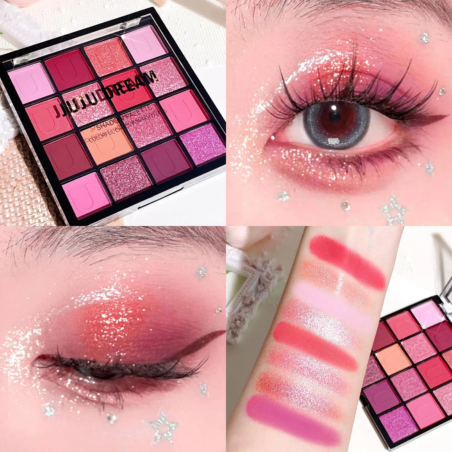 16-Color Eyeshadow Palette: Koi, Mermaid, Enchanted Forest, with pearlescent, matte, and fine shimmer finishes.