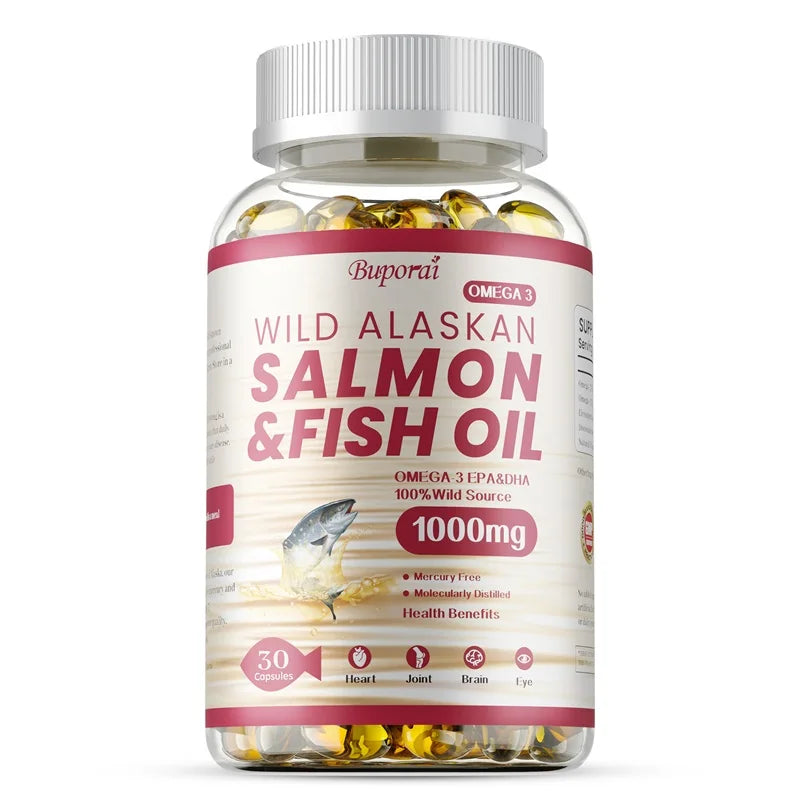 Salmon Fish Oil - Supports Brain and Nervous System, Cardiovascular and Skin Health, Antioxidant, Memory Enhancement