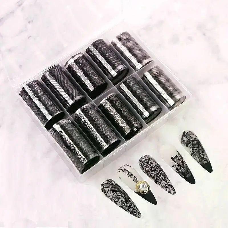 10 Rolls/Box White Black Nail Transfer Sticker Lace Nail Art Foils Set Paper DIY Manicure Nail Decoration Accessories