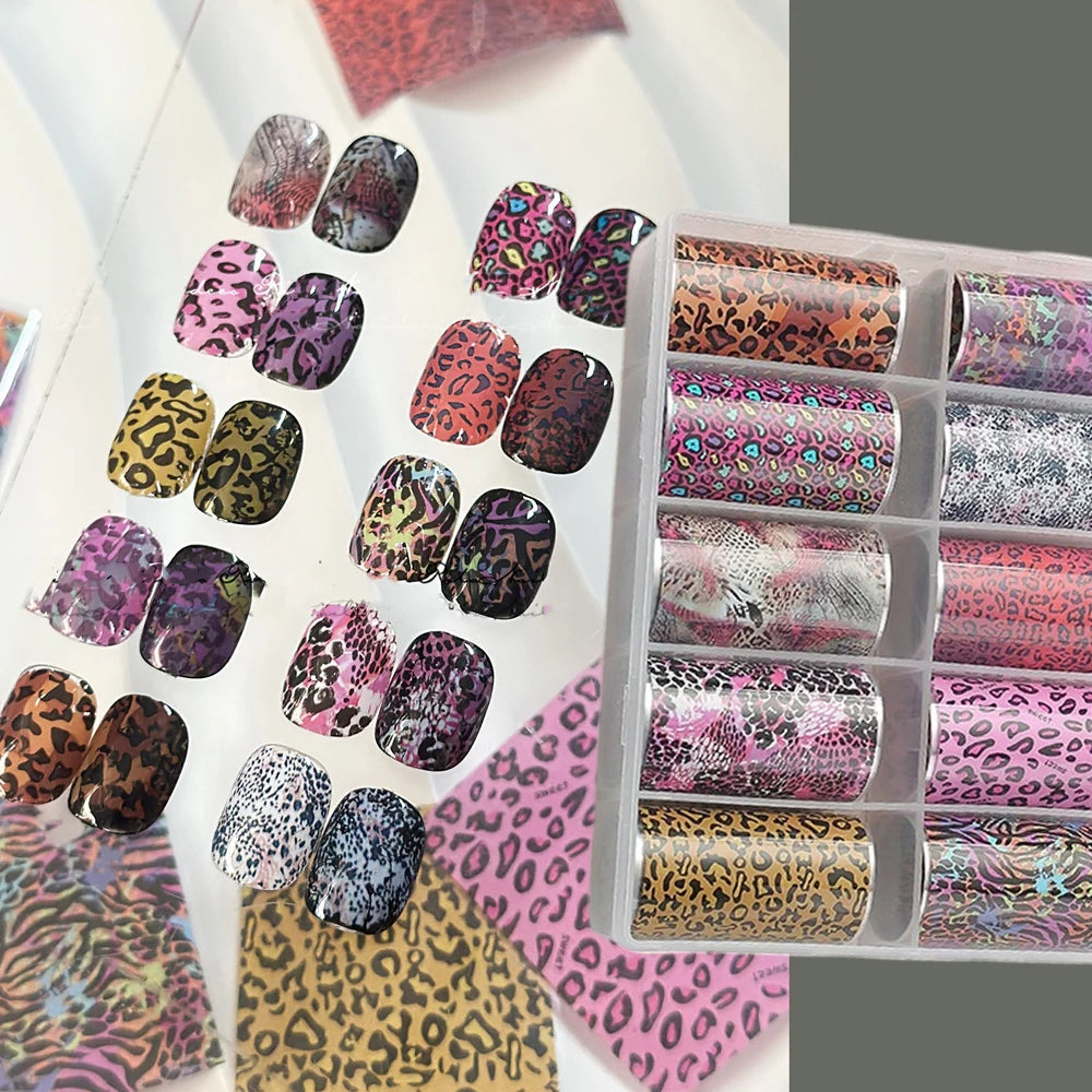 10Rolls 4*50cm Sexy Leopard Print Nail Foil Transfer Stickers Wild Animal Skin Decals Y2K Hot Girl Leopard Nail Art Decorations