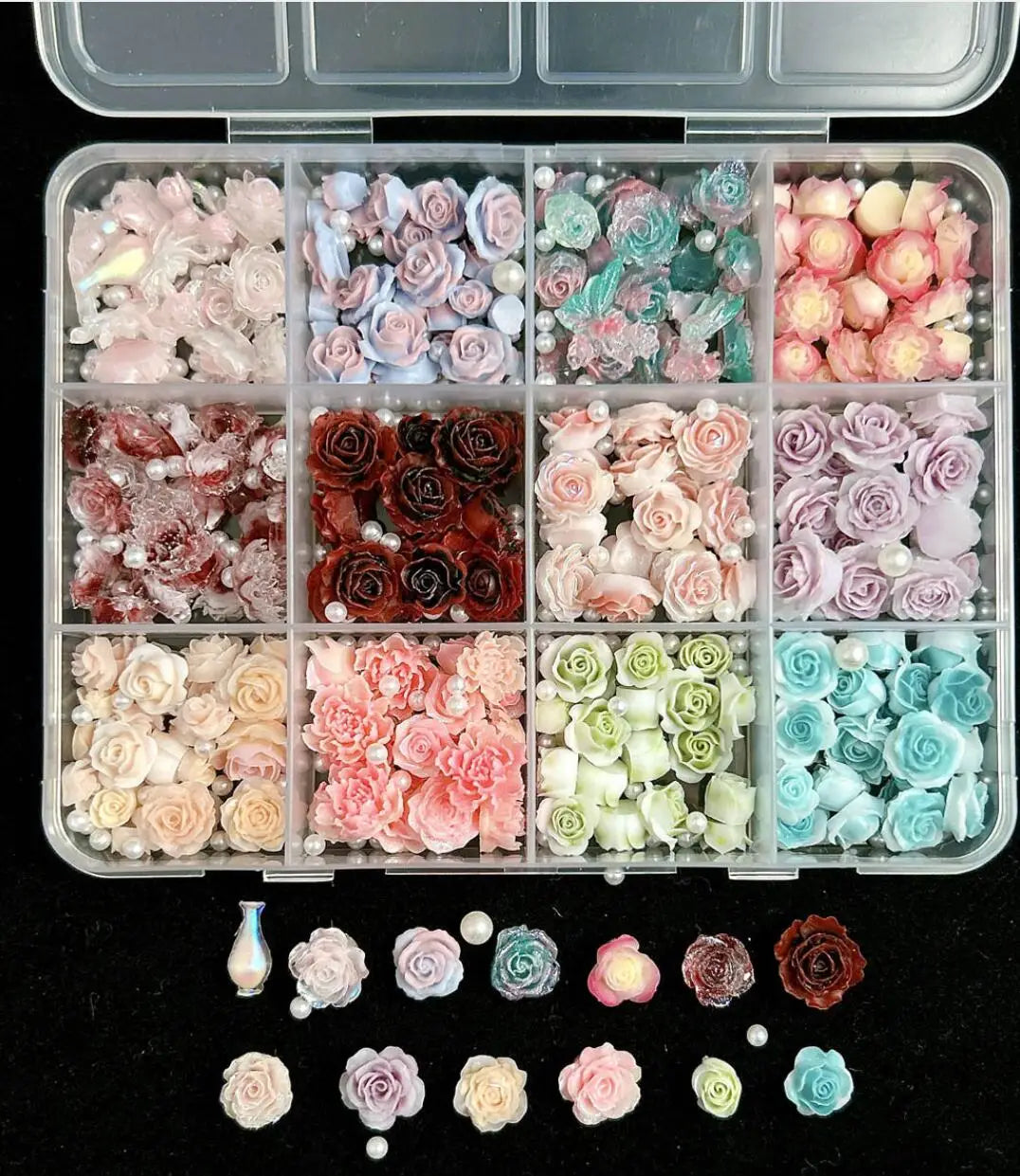 1 Box Pink White Series Bow Heart Nail Charms 3D Arcylic Nail Art Decorations Pearl 5-petal Flower Jewelry Manicure Accessories*